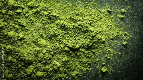 A close-up of vibrant green powder, possibly a natural pigment or food ingredient.