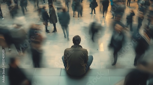 A person sitting alone in a crowded space, with blurred people moving around, symbolizing isolation amidst chaos.