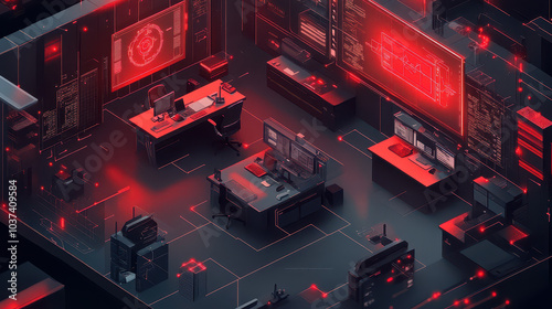 Tech-Inspired Wireframe of an Emergency Response Center: Detailed Isometric Layout, Modern Design, Digital Integration, and 3D Realism with Cool Tones for Professional Presentations.