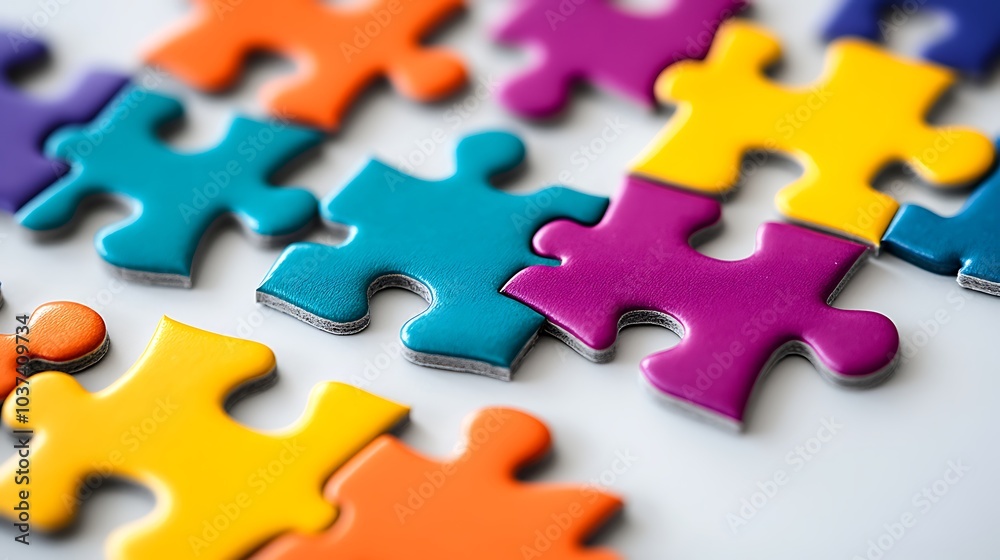 Puzzle pieces scattered randomly on a white background, showing vibrant colors Puzzle pieces scattered randomly on a white background, showing vibrant colors