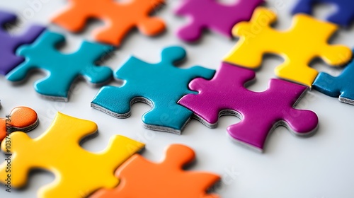 Puzzle pieces scattered randomly on a white background, showing vibrant colors photo