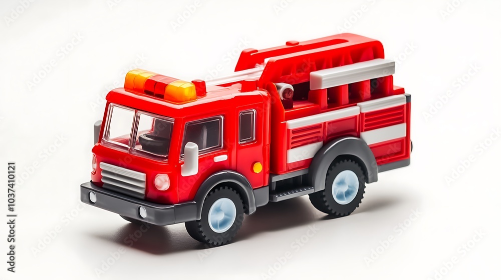 Toy fire truck with moving parts, isolated on a white background Toy fire truck with moving parts, isolated on a white background