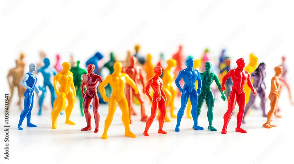 Obraz premium A collection of small plastic figurines posed in action stances, isolated on a white background