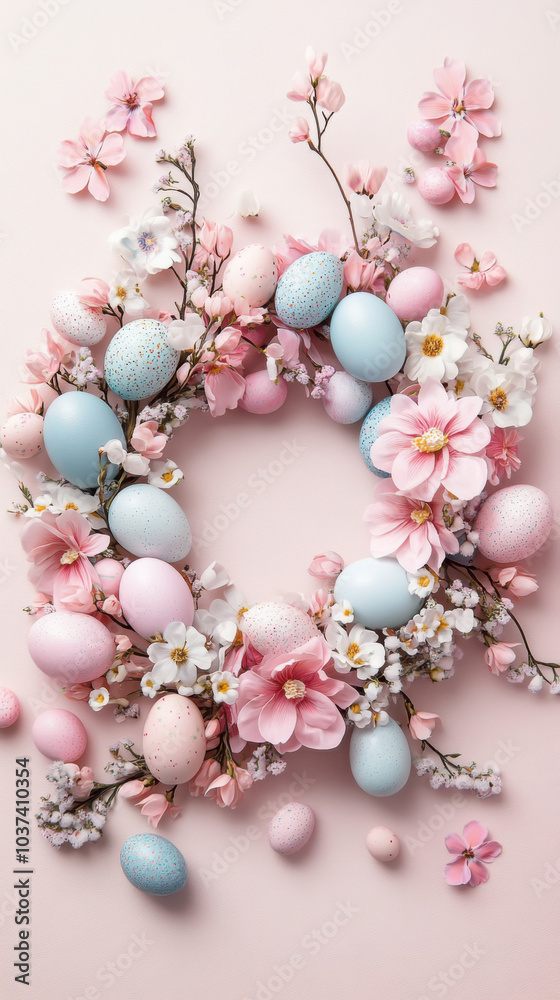 Springtime floral wreath with pastel easter eggs and cherry blossoms on pink background Springtime floral wreath with pastel easter eggs and cherry blossoms on pink background