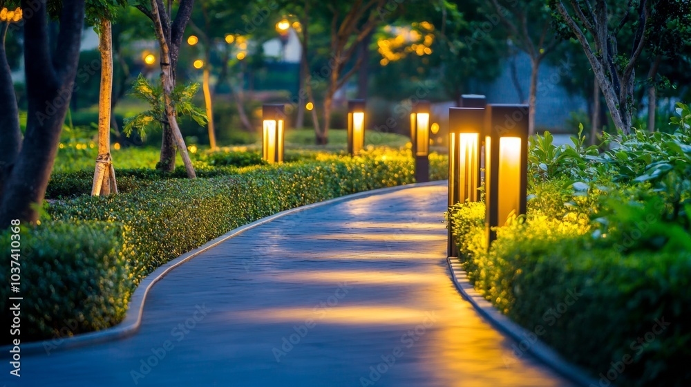 Obraz premium Illuminated Path. Modern Outdoor Lights Guiding a Curved Garden Walkway