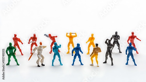 A collection of small plastic figurines posed in action stances, isolated on a white background