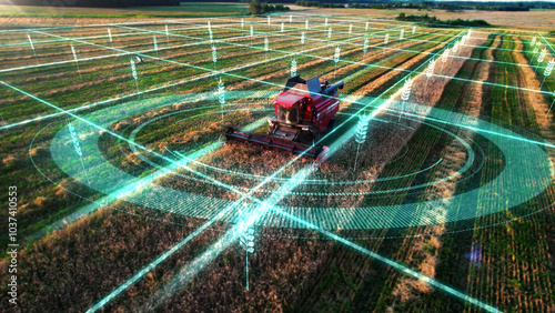 Photos Autonomous self-driving combine harvester of the future with autopilot harvests grain field, scanning the environment with sensors
