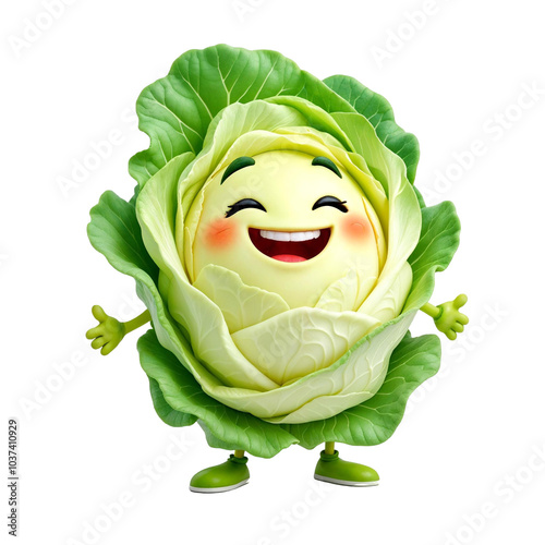 A smiling cartoon character of a green cabbage with large eyes and a happy expression