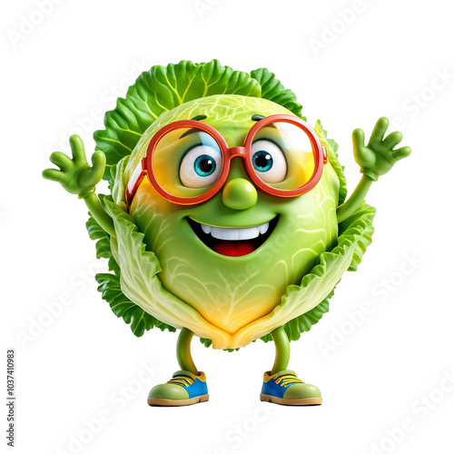 A smiling cartoon character of a green cabbage with large eyes and a happy expression photo