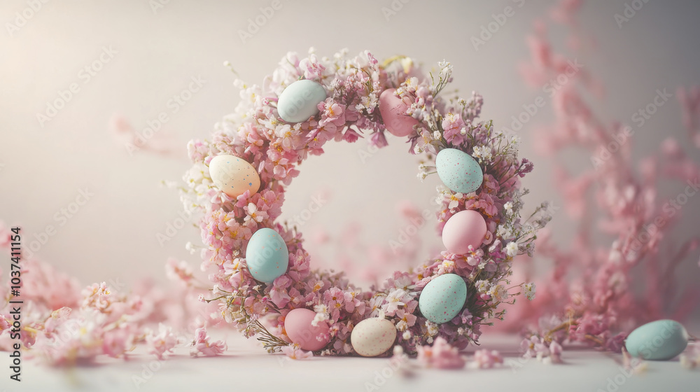 Pastel easter wreath with eggs and blossoms on soft pink background Pastel easter wreath with eggs and blossoms on soft pink background