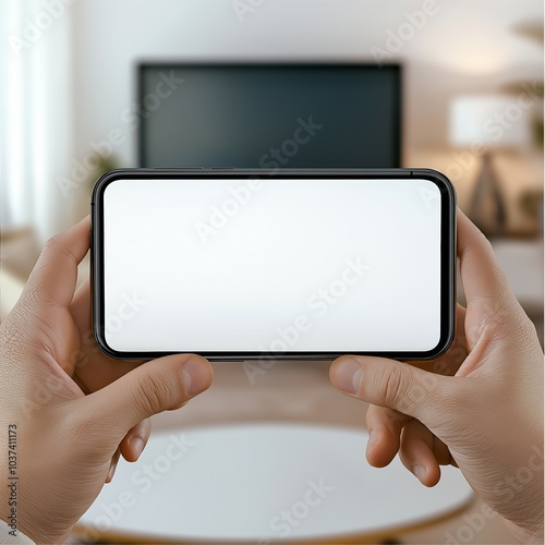 Mockup of female hand holding cell phone with blank screen