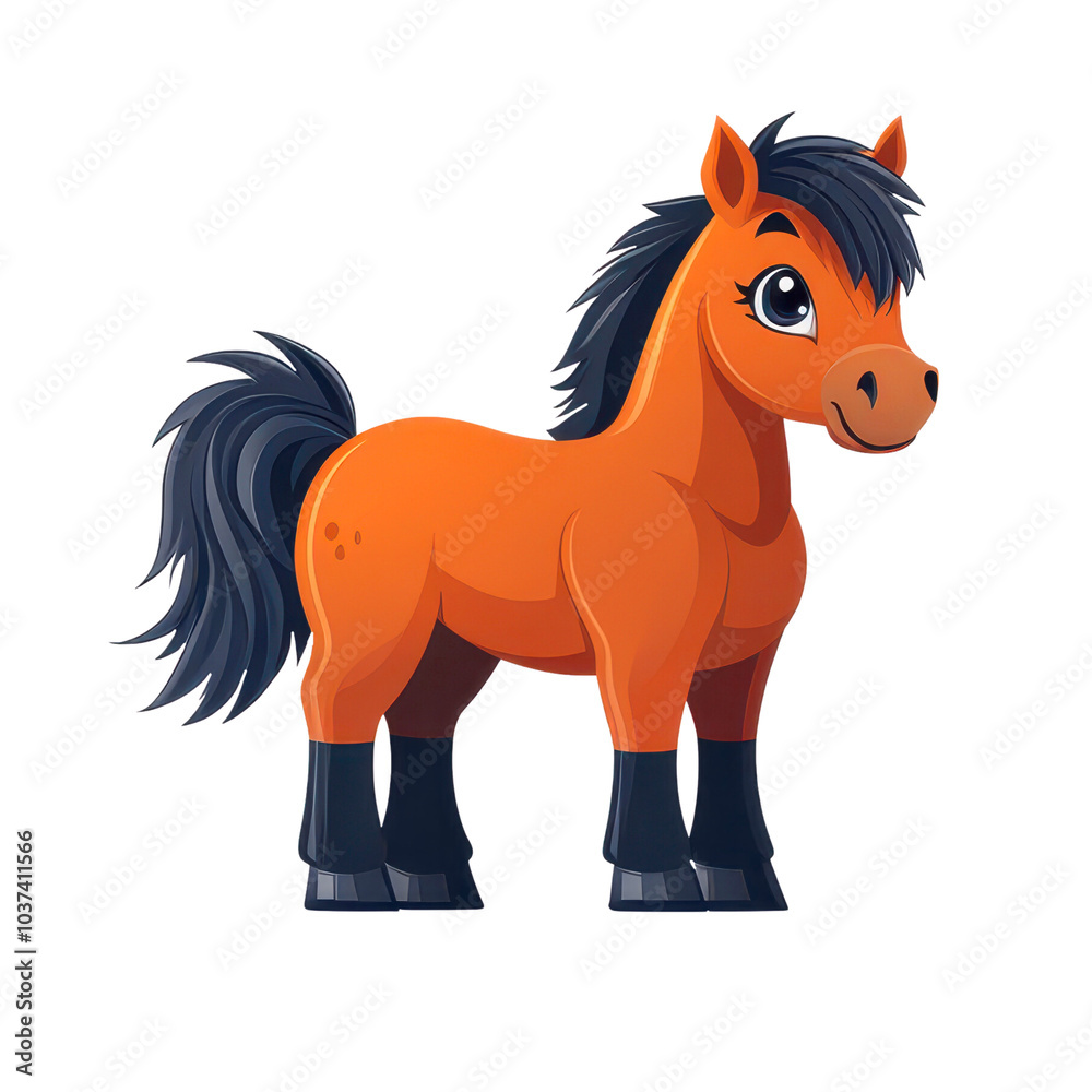 Cartoon pony character with orange body and black mane, white isolated background. Cartoon pony character with orange body and black mane, white isolated background.