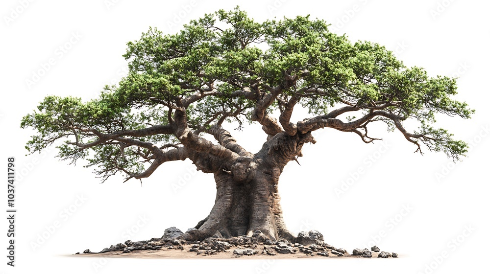 Majestic baobab tree with a thick, short trunk and sparse branches, isolated on a white background