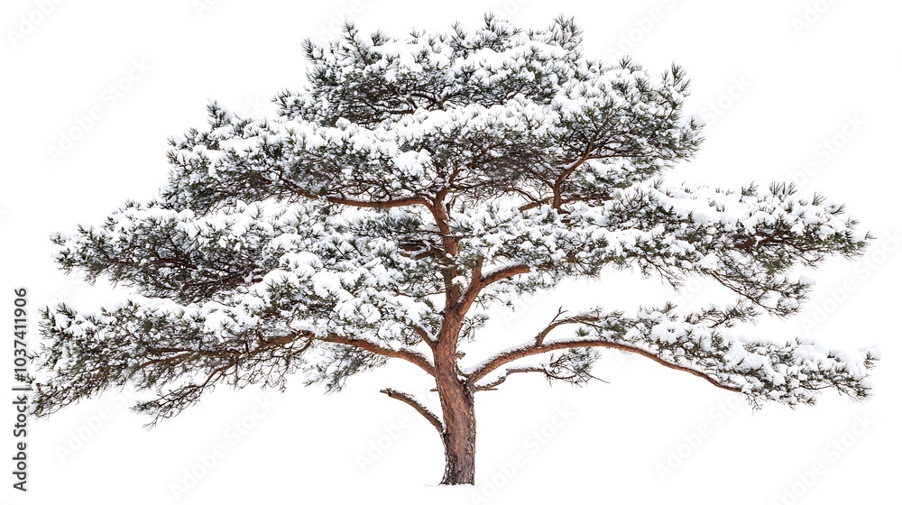 Obraz premium Pine tree with its branches laden with snow, standing against a white background