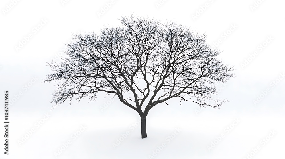 Silhouette of a tree with bare branches on a plain white background
