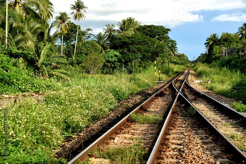 railway train and railroad on track rail is transportation in travel steel of  transport