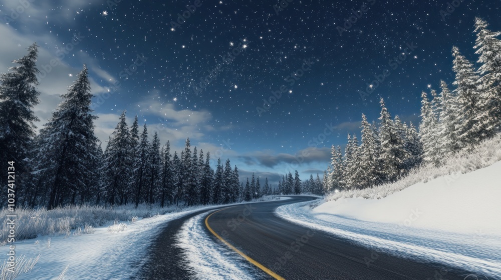 Fototapeta premium Snowy Road Under a Starry Night