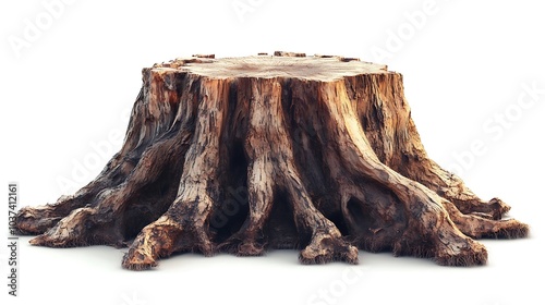 Tree stump with detailed bark and roots exposed, isolated on a white background photo