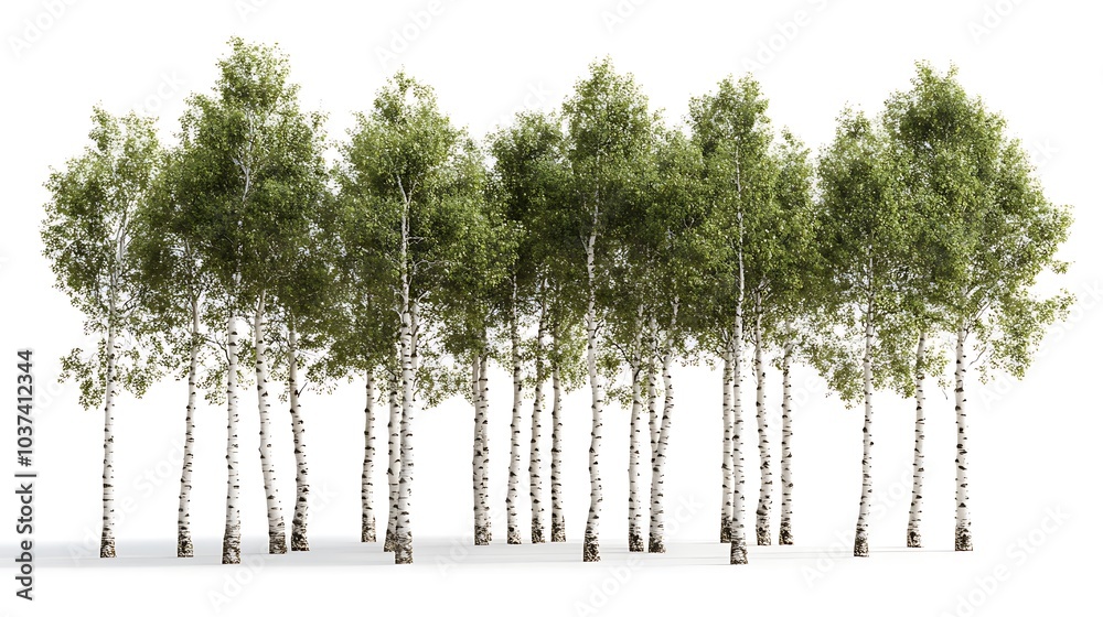 A cluster of birch trees with white bark, isolated on a white background