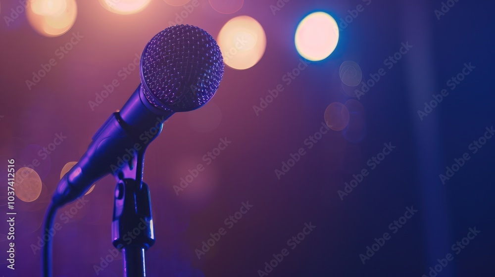 Obraz premium Microphone On Stage with Purple and Orange Lights