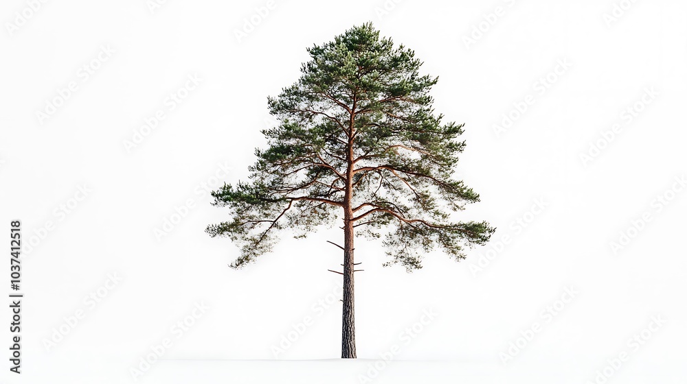 A tall pine tree with a slim trunk and dense foliage on a white background