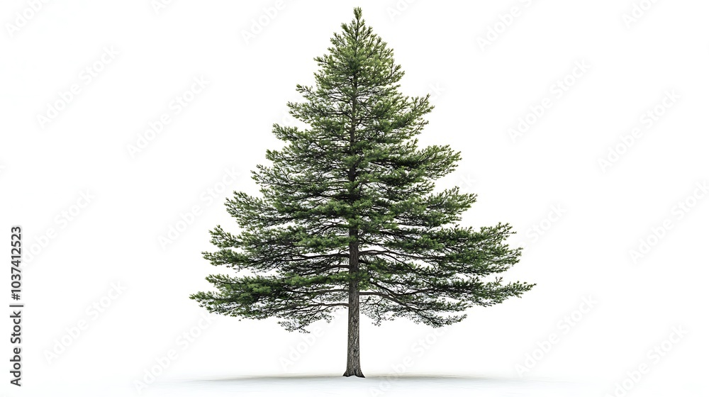 A tall pine tree with a slim trunk and dense foliage on a white background