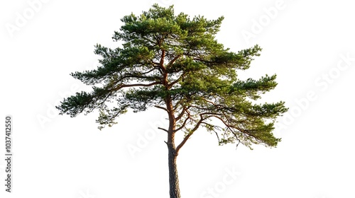 A tall pine tree with a slim trunk and dense foliage on a white background