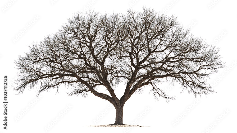 Bare winter tree with no leaves, branches intricately detailed against a white background Bare winter tree with no leaves, branches intricately detailed against a white background