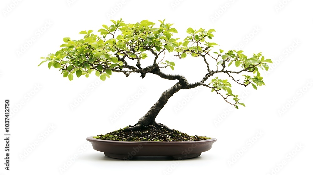 Bonsai tree with carefully shaped branches and small green leaves, isolated on a white background Bonsai tree with carefully shaped branches and small green leaves, isolated on a white background