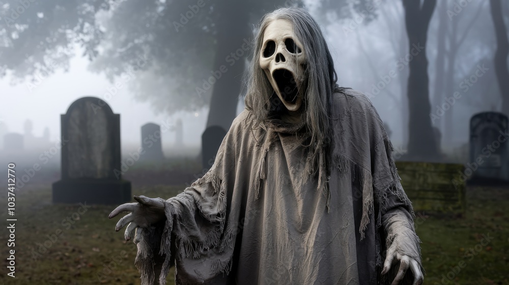A haunting figure in a graveyard, shrouded in mist, evokes feelings of fear and mystery during a chilling night. A haunting figure in a graveyard, shrouded in mist, evokes feelings of fear and mystery during a chilling night.