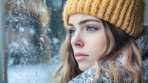 Winter depression - seasonal affective disorder mental health woman sad comtemplative looking out the window alone. photo