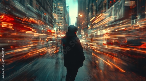 Fototapeta Naklejka Na Ścianę i Meble -  A person standing in a busy city street with abstract blurs and fast-moving shapes symbolizing overwhelming stimuli.