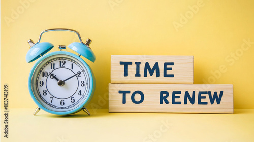 Time to renew, text in a gold frame on a pink background, near an alarm clock. Business, strategies, plans, and goals concepts.
