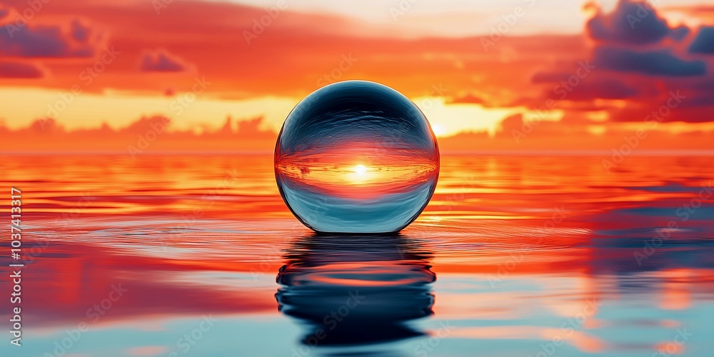 Single smooth reflective sphere floating just above a calm ocean surface at sunset Single smooth reflective sphere floating just above a calm ocean surface at sunset