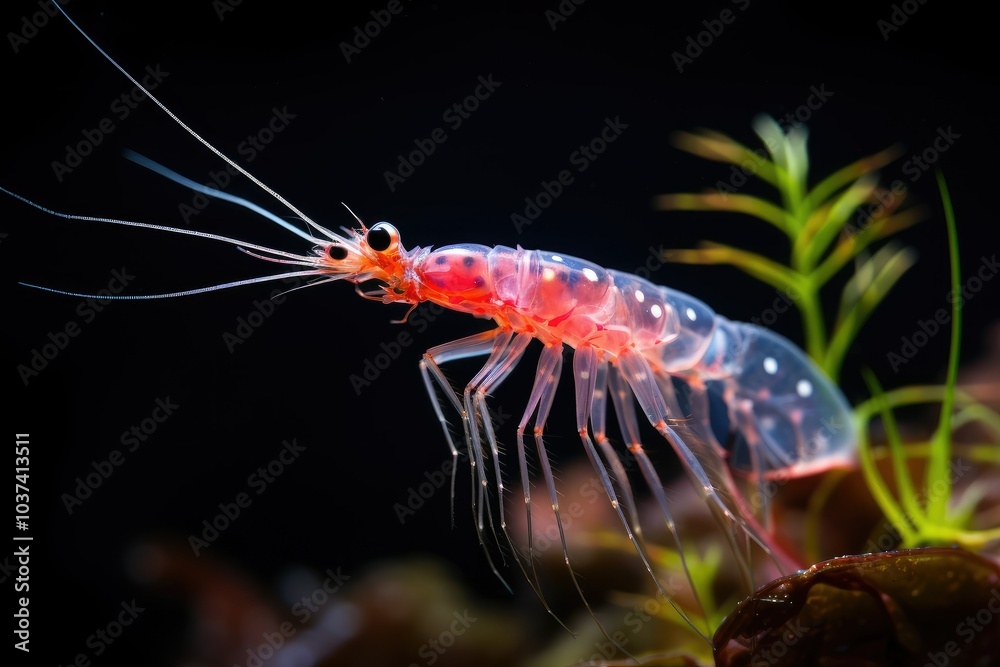 A close up reveals the vibrant details of a succulent shrimp as it gracefully navigates its underwater habitat during daylight hours A close up reveals the vibrant details of a succulent shrimp as it gracefully navigates its underwater habitat during daylight hours