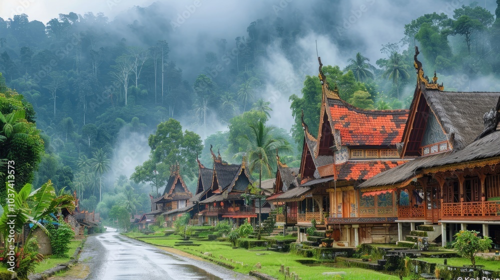 Traditional wooden houses nestled in a lush, misty valley with a winding road leading through. Traditional wooden houses nestled in a lush, misty valley with a winding road leading through.