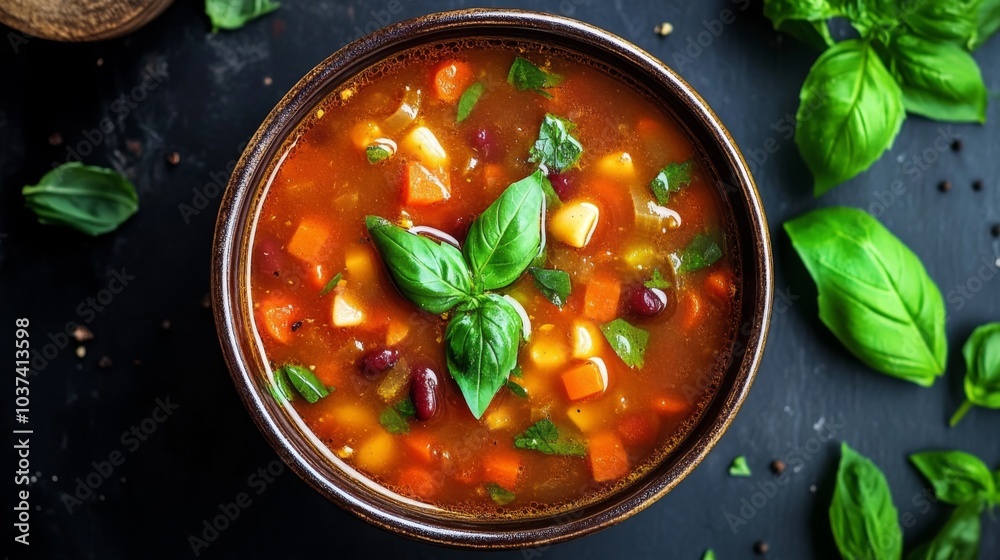 Fresh Vegetable Soup in Rustic Bowl Fresh Vegetable Soup in Rustic Bowl