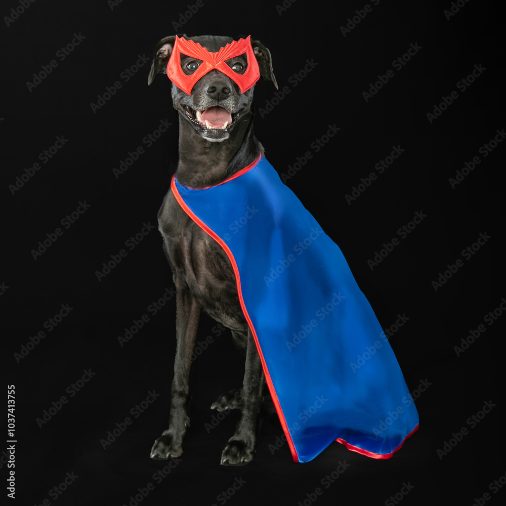 Black dog wearing super hero cape and mask Black dog wearing super hero cape and mask