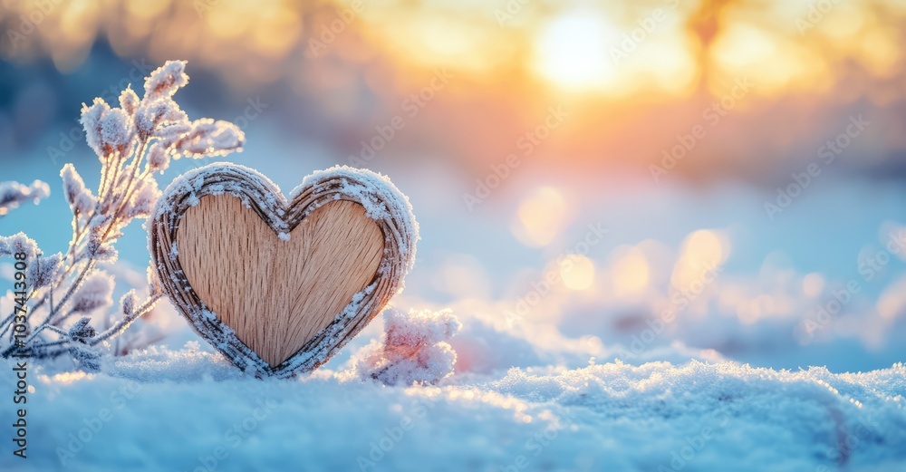 Fototapeta premium Wooden handmade heart in winter nature with sunset colors. AI generated illustration.