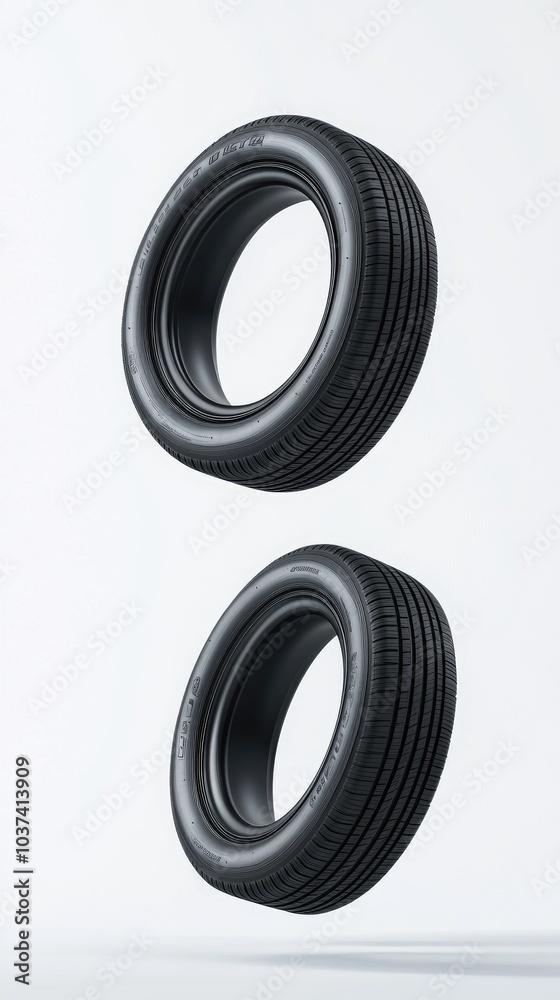 Floating black tires with matte finish and rims captured in a studio against a light backdrop, showcasing artistic design and precision Floating black tires with matte finish and rims captured in a studio against a light backdrop, showcasing artistic design and precision