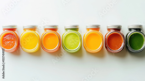 Assorted fruit and vegetable juices in colorful glass jars against white background