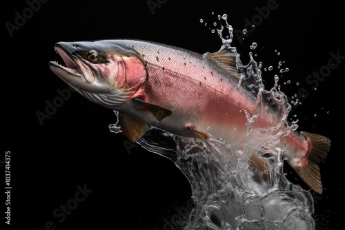 A resilient salmon bursts from the water creating a dramatic splash against a dark background illustrating the fishs agility and instinctual behavior photo