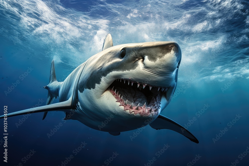 Obraz premium The majestic shark glides effortlessly through the vibrant blue waters its strong form highlighted by sunlight filtering down from above embodying ocean power