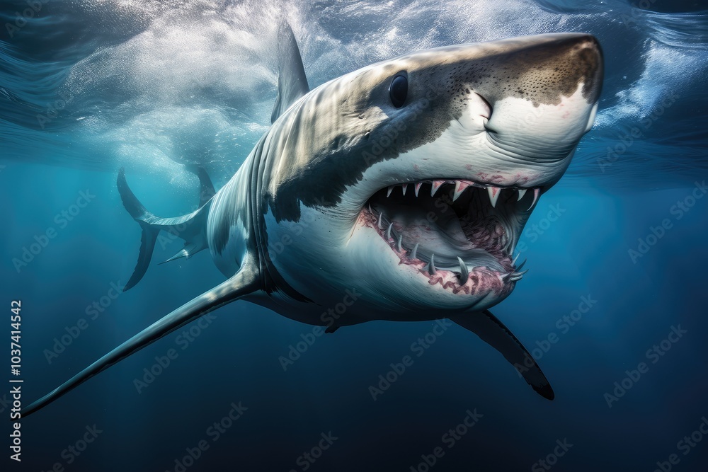 Fototapeta premium A majestic shark maneuvers gracefully through the ocean waters revealing its powerful form and impressive teeth while navigating its serene habitat