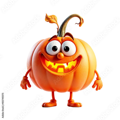 Cute cartoon pumpkin character with large expressive eyes and a wide, toothy grin isolated white background