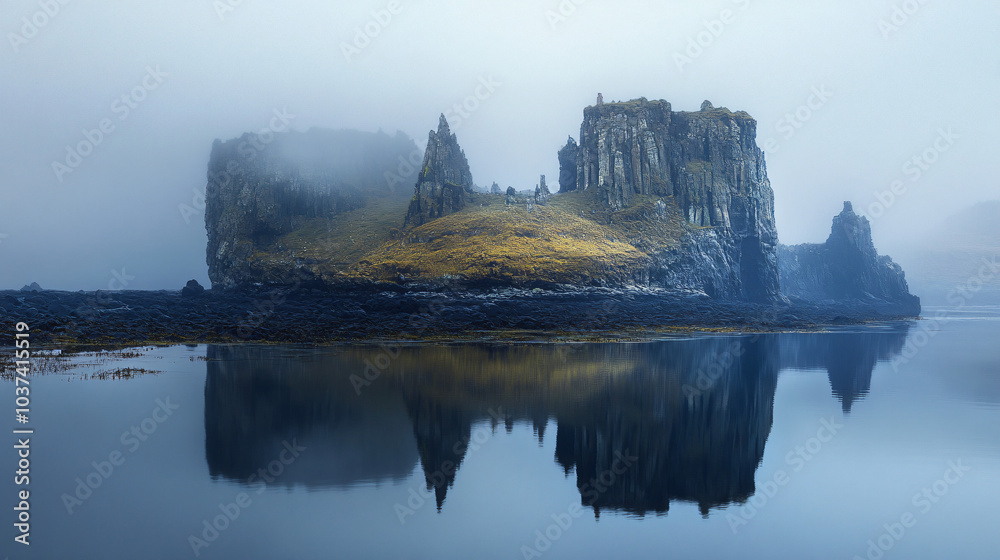 A mystical island shrouded in fog and surrounded by mysterious legends. A mystical island shrouded in fog and surrounded by mysterious legends.