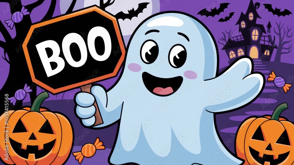 A cheerful cartoon ghost holding a 'Boo' sign surrounded by pumpkins and a spooky backdrop for Halloween fun. A cheerful cartoon ghost holding a 'Boo' sign surrounded by pumpkins and a spooky backdrop for Halloween fun.