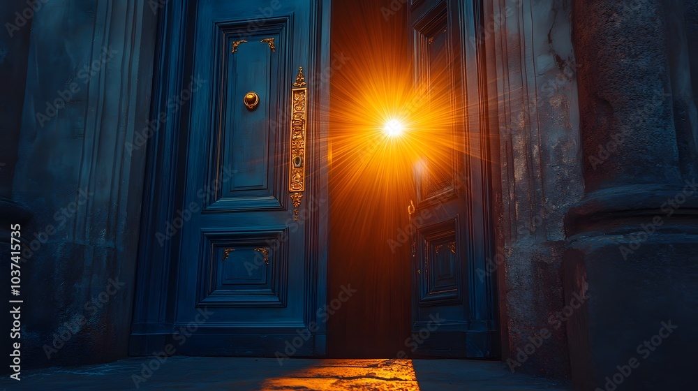 Open Door with Bright Light Shining Through, Concept of Opportunity, New Beginnings, Mystery Open Door with Bright Light Shining Through, Concept of Opportunity, New Beginnings, Mystery