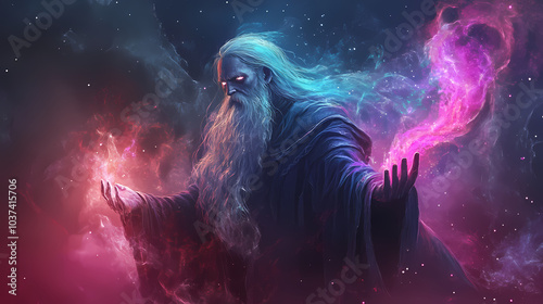 Mystical sorcerer summoning elemental magic. sorcerer. illustration. Elemental Wizard. Illustration