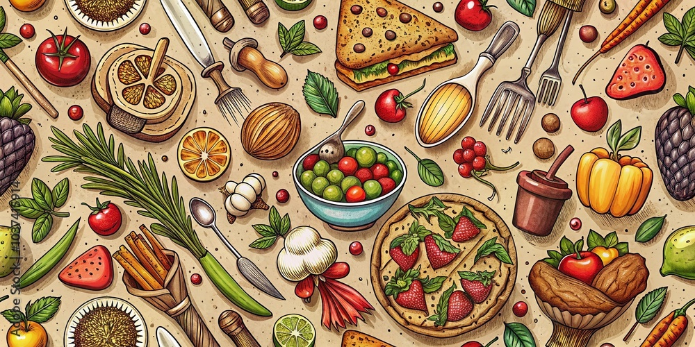Naklejka premium Vintage Style Hand-Drawn Food Background for Culinary Art and Gastronomy Designs
